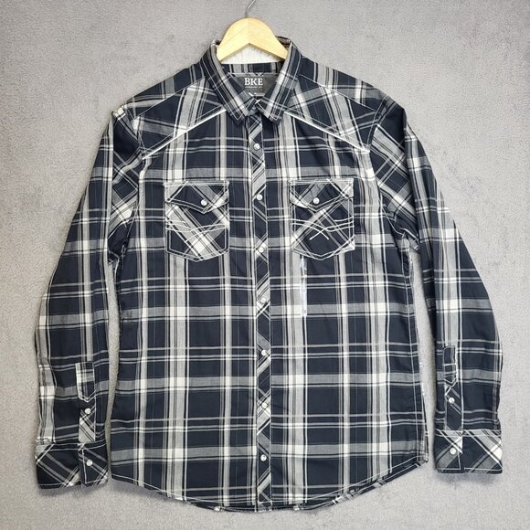 BKE Shirt Mens Large Navy Gray Plaid Standard Fit Pearl Snap Western Cowboy - Picture 1 of 10